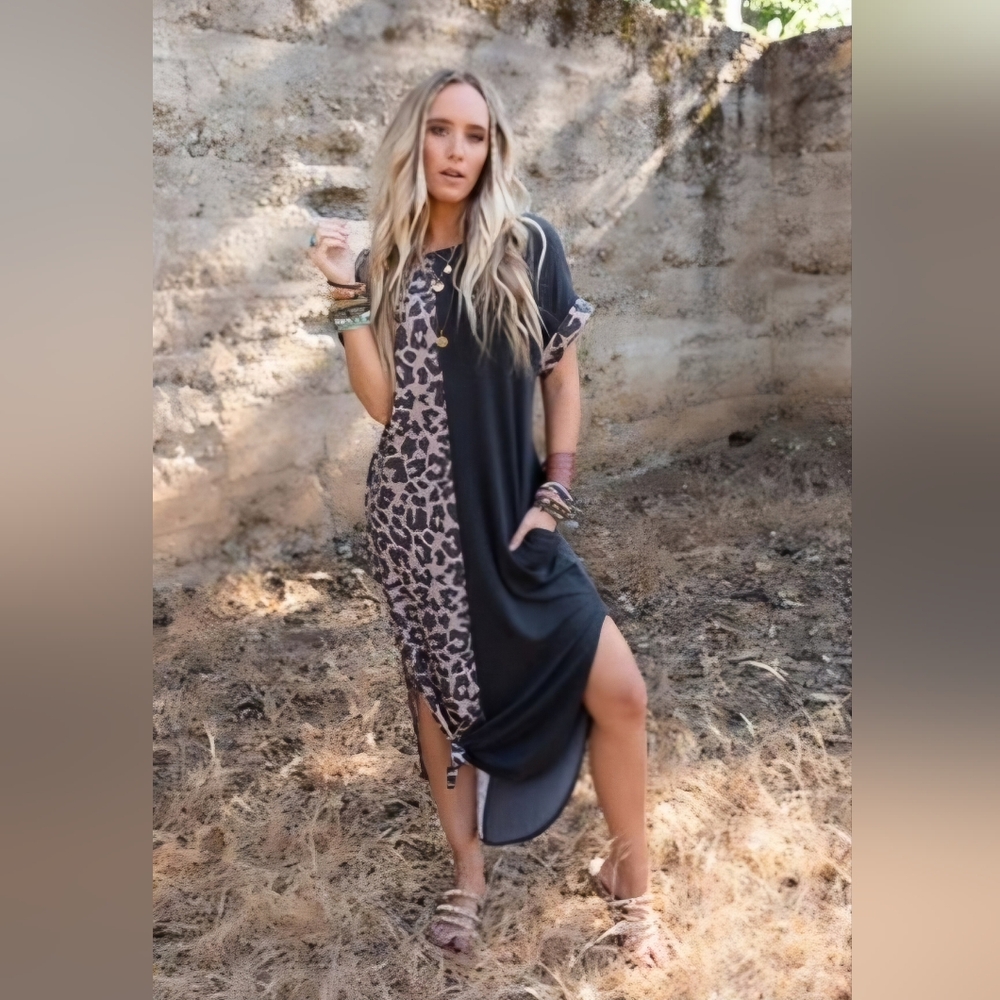 Three Bird Nest Colorblock Leopard Print Dress With POCKETS
